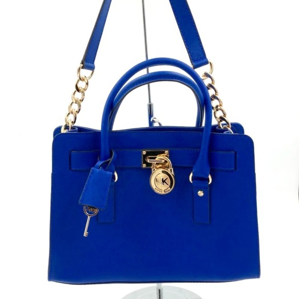 Michael Kors Mediterranean Blue Hamilton Medium Leather Satchel Lock Key EUC